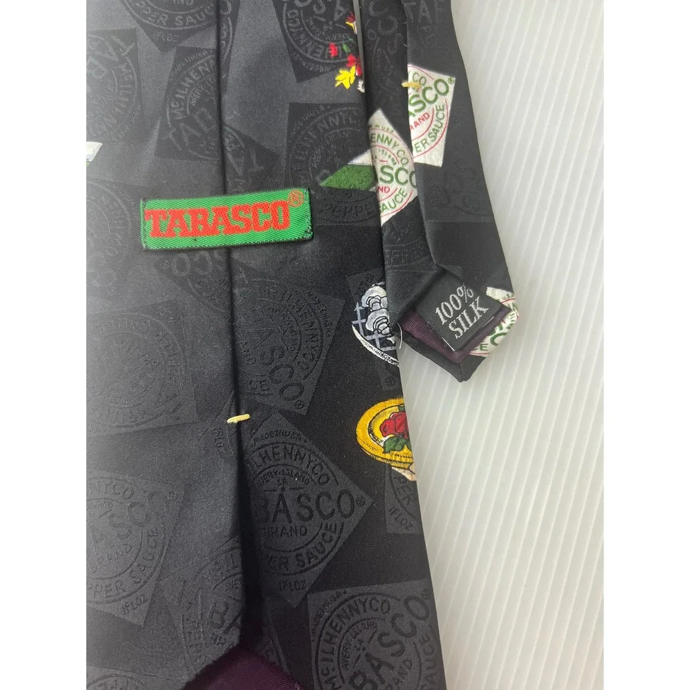 Tabasco Mens Silk Necktie‎ Black Novelty BBQ Grilling Hot Sauce Logo Print Tie
